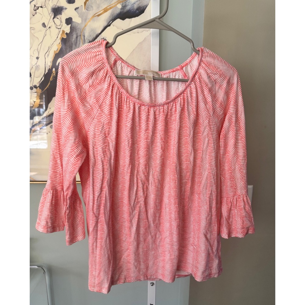 Michael Michael Kors Womens Coral White‎ Wavy Stripe Ruffle Sleeve Blouse Size M